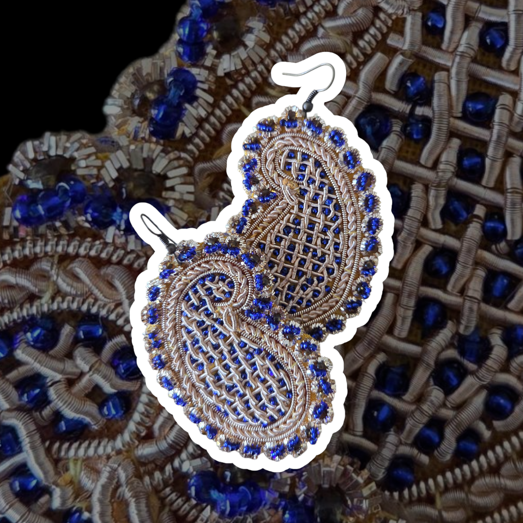 Paisley (Boteh Jegheh) Earrings –  Blue beads & Gold broidery