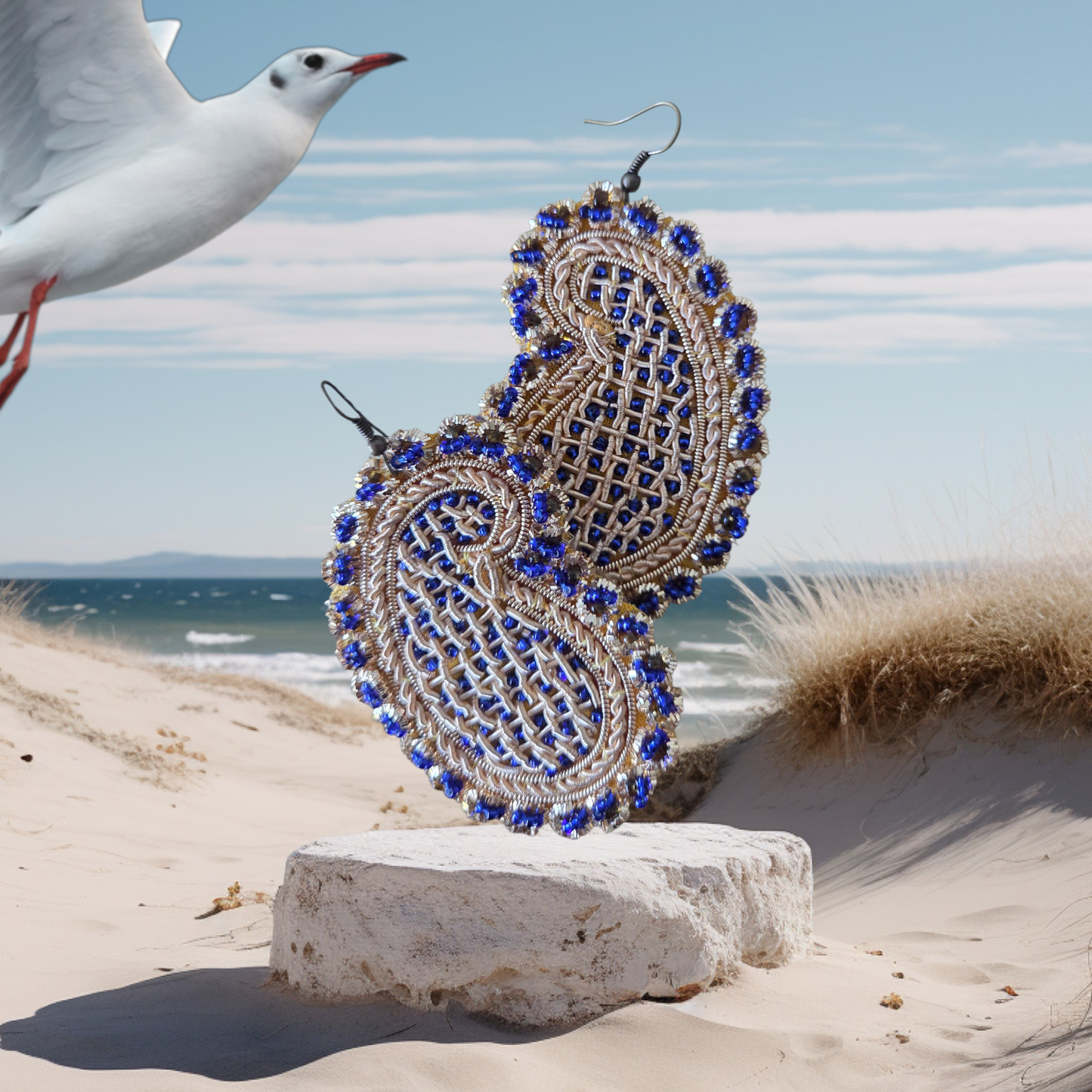 Paisley (Boteh Jegheh) Earrings –  Blue beads & Gold broidery