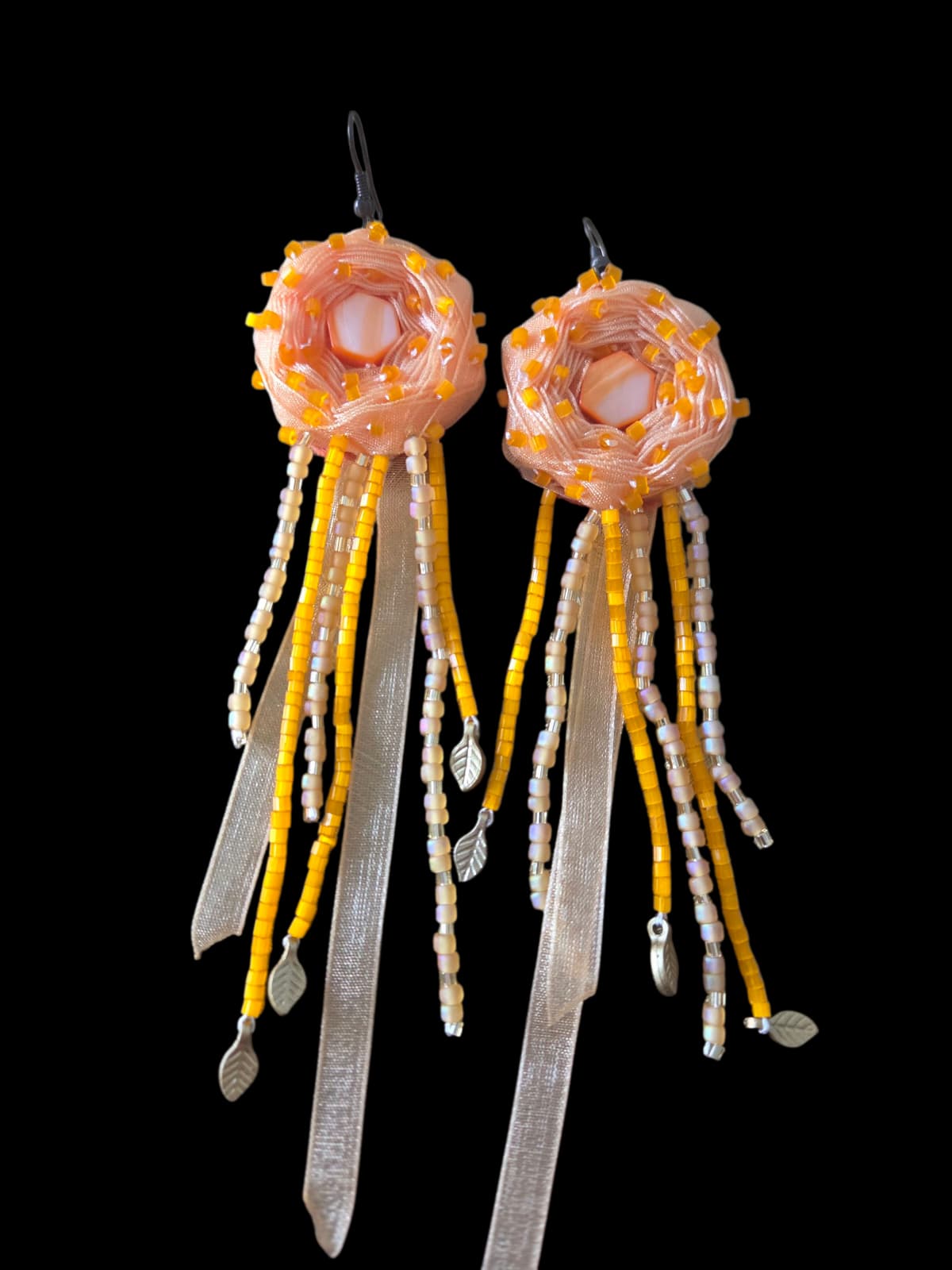 Orange sunflower ribbon craft earrings