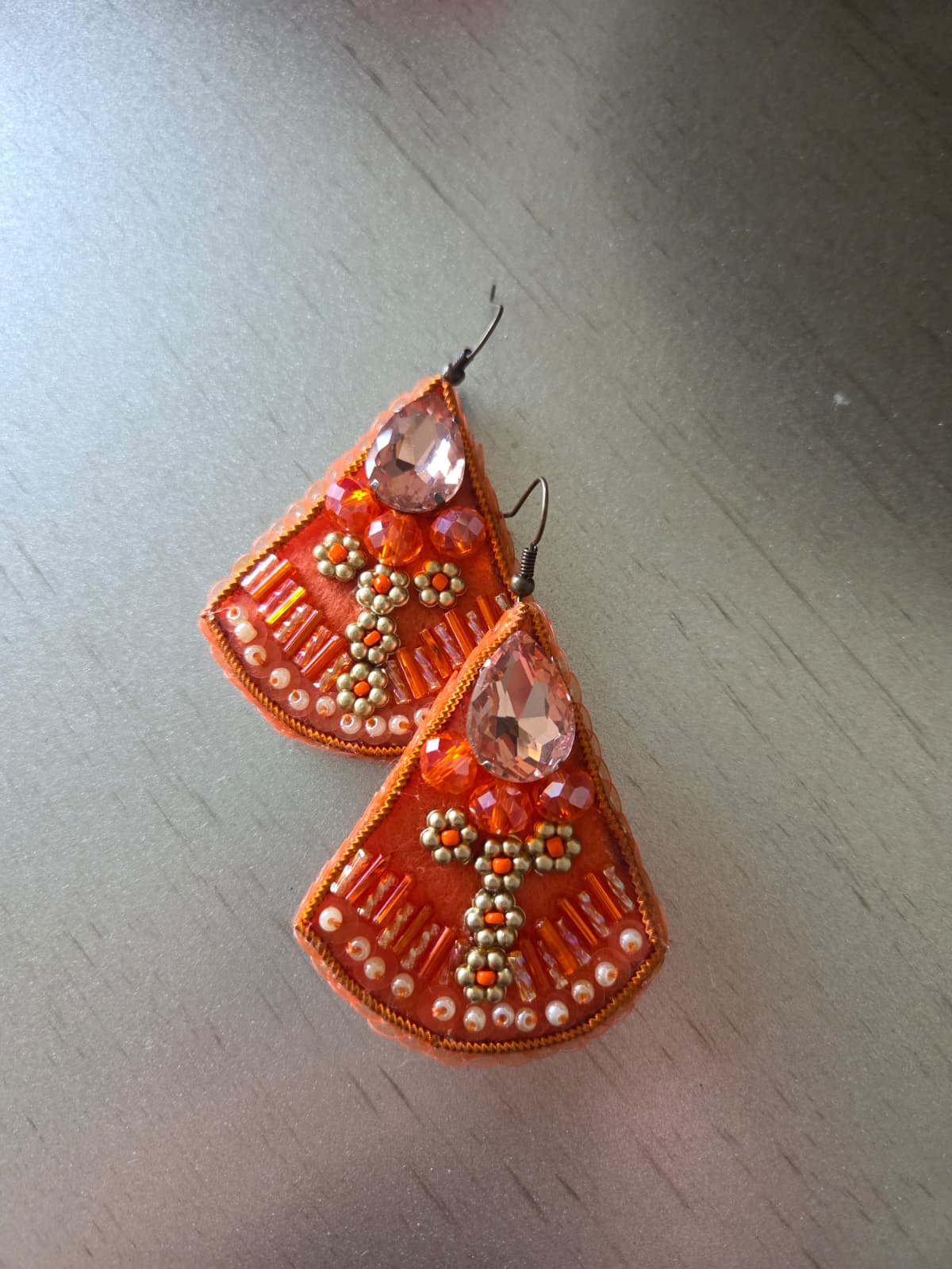 Orange embroidery earrings