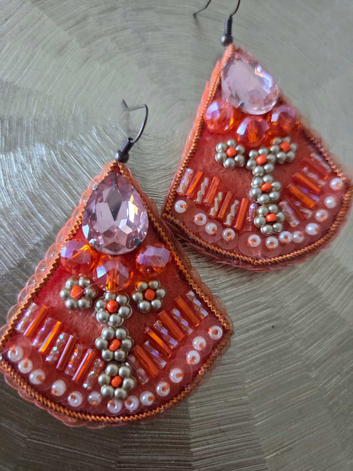 Orange embroidery earrings