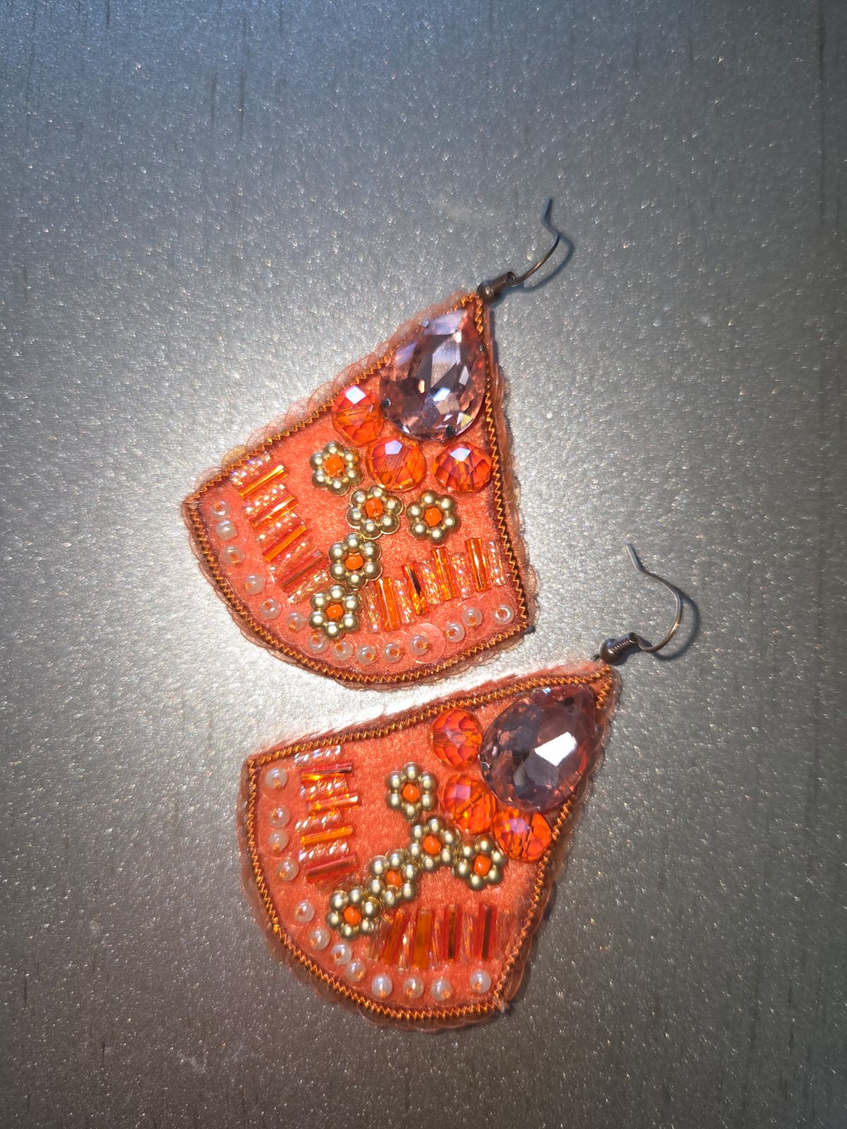 Orange embroidery earrings