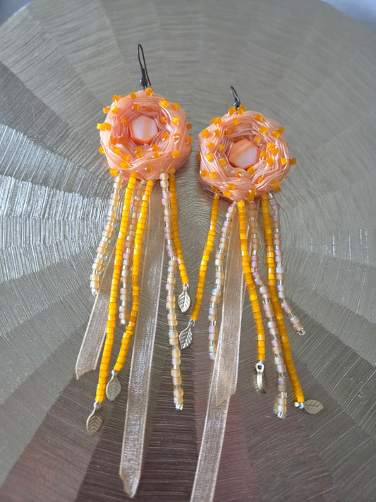Orange sunflower ribbon craft earrings