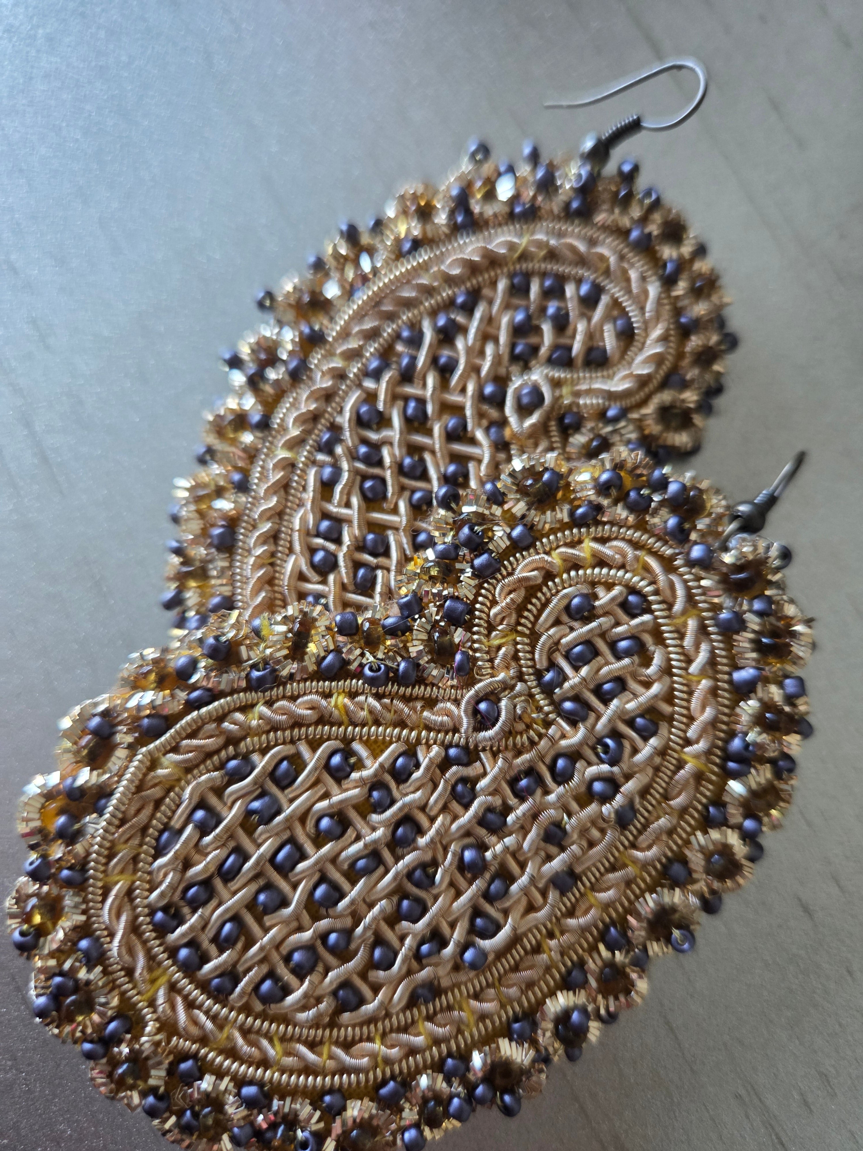 Paisley (Boteh Jegheh) Earrings –  Gray beads & Gold broidery