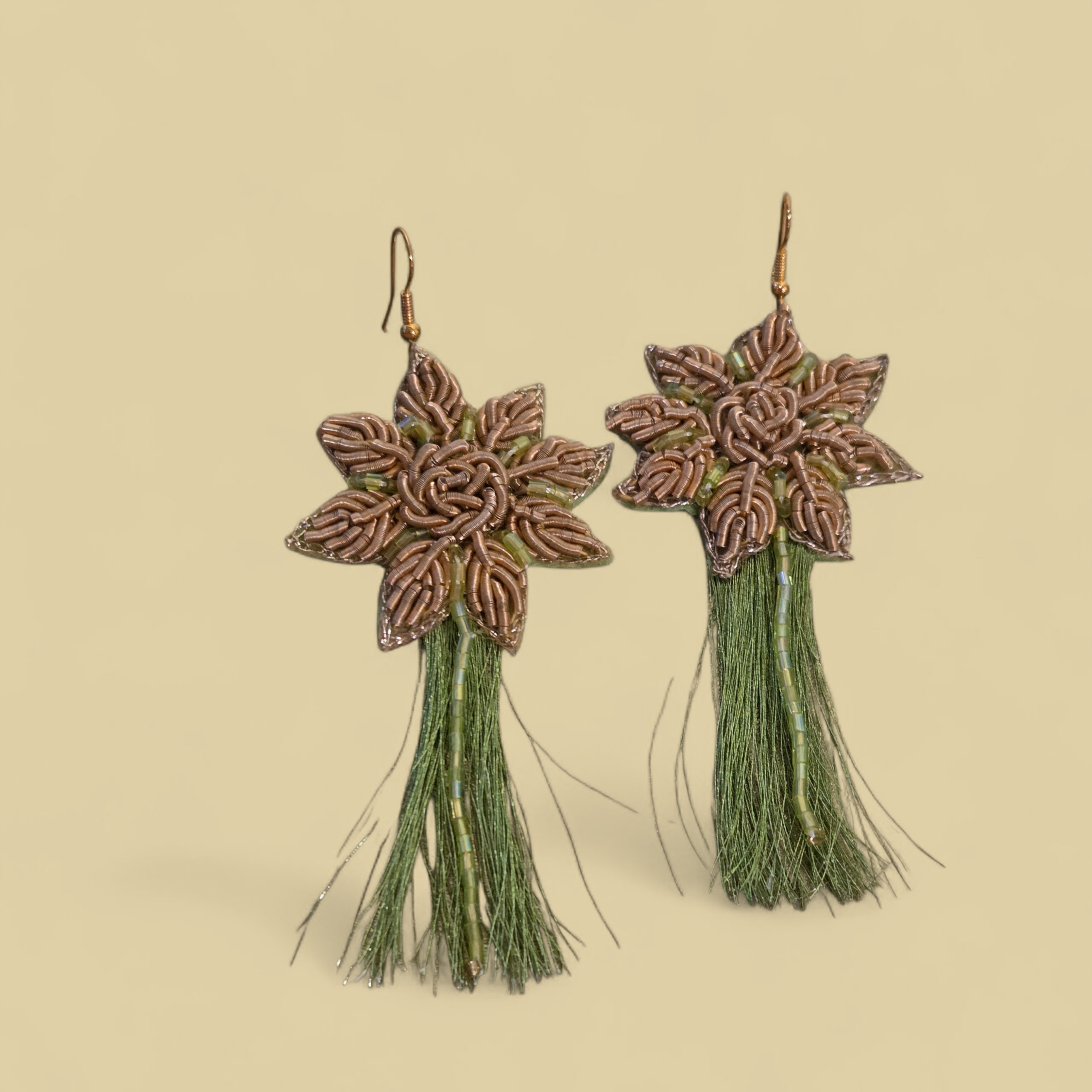 Earrings with Green Silk Thread and Antique Gold Sermeh