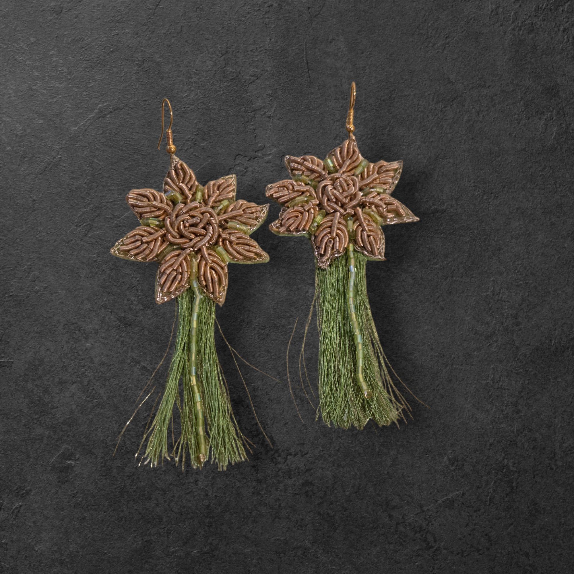 Earrings with Green Silk Thread and Antique Gold Sermeh