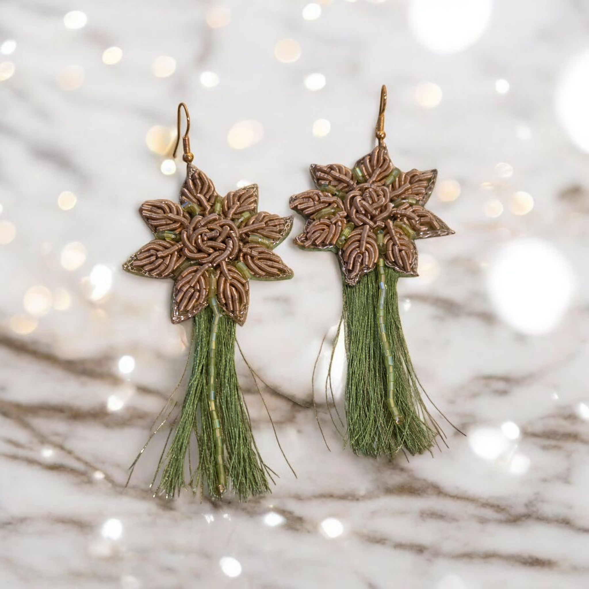 Earrings with Green Silk Thread and Antique Gold Sermeh