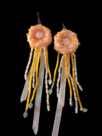 Orange sunflower ribbon craft earrings