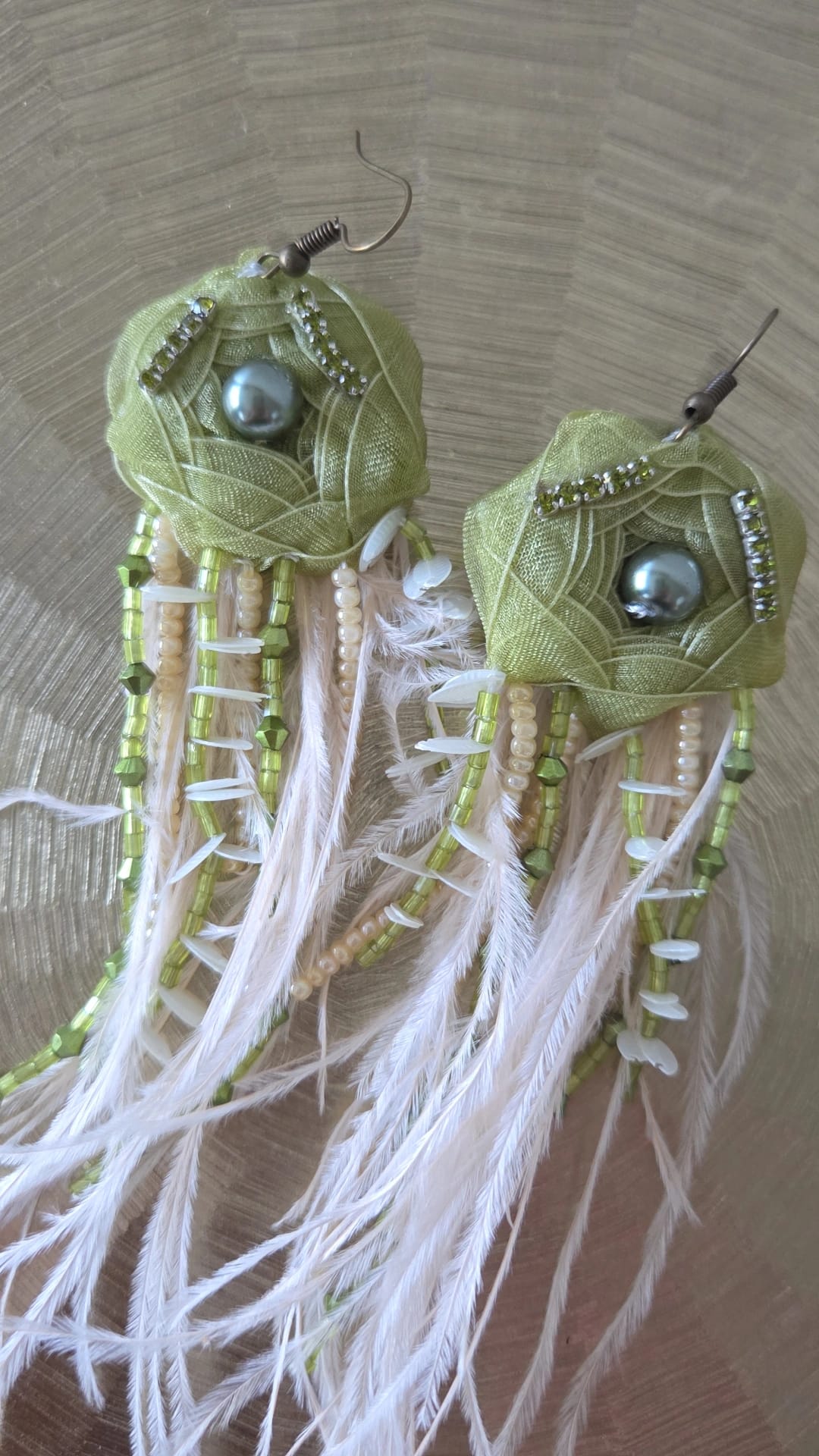 Green ribbon craft earrings- luxury beaded art