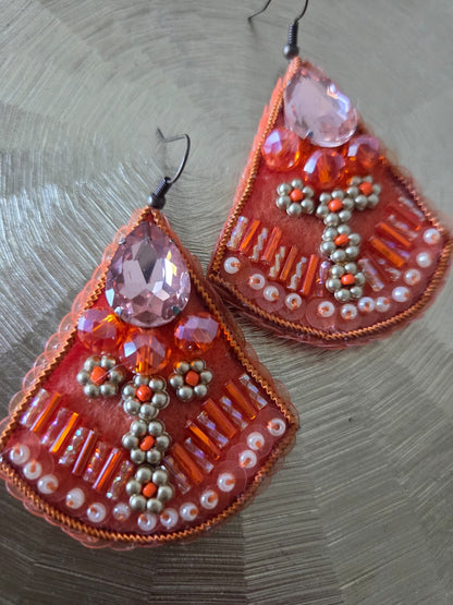 Orange embroidery earrings