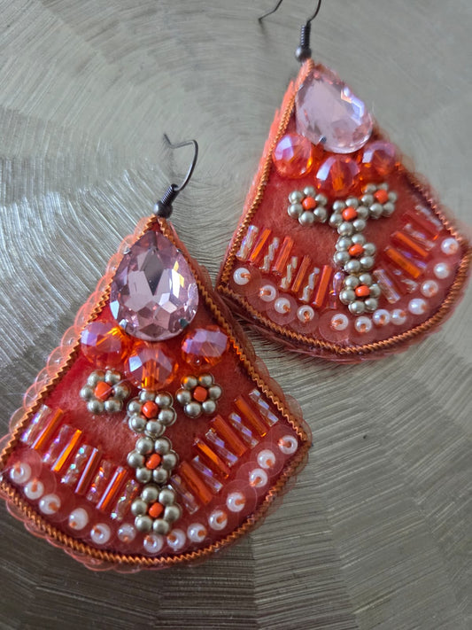 Orange embroidery earrings
