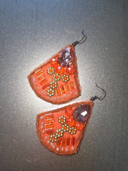 Orange embroidery earrings