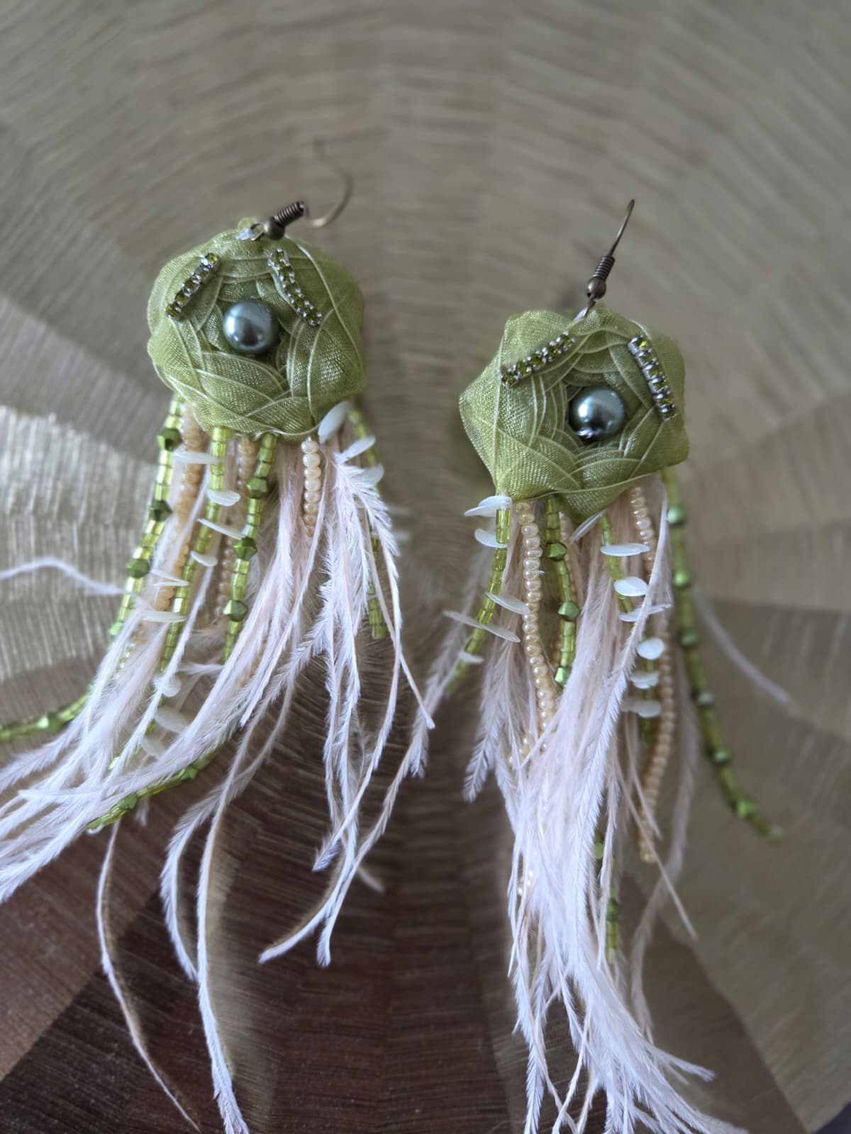 Green ribbon craft earrings- luxury beaded art