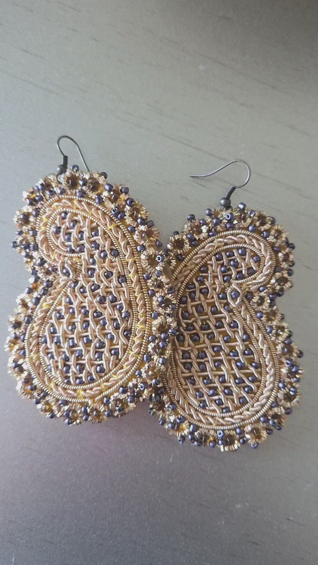 Paisley (Boteh Jegheh) Earrings –  Gray beads & Gold broidery