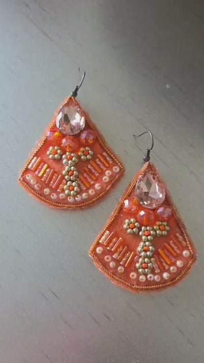 Orange embroidery earrings