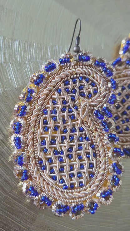 Paisley (Boteh Jegheh) Earrings –  Blue beads & Gold broidery