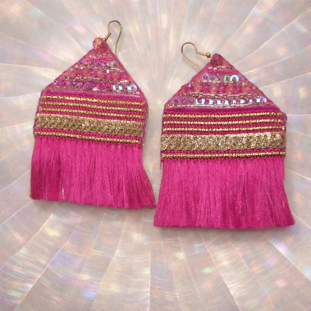 magenta embroidered tassel earrings