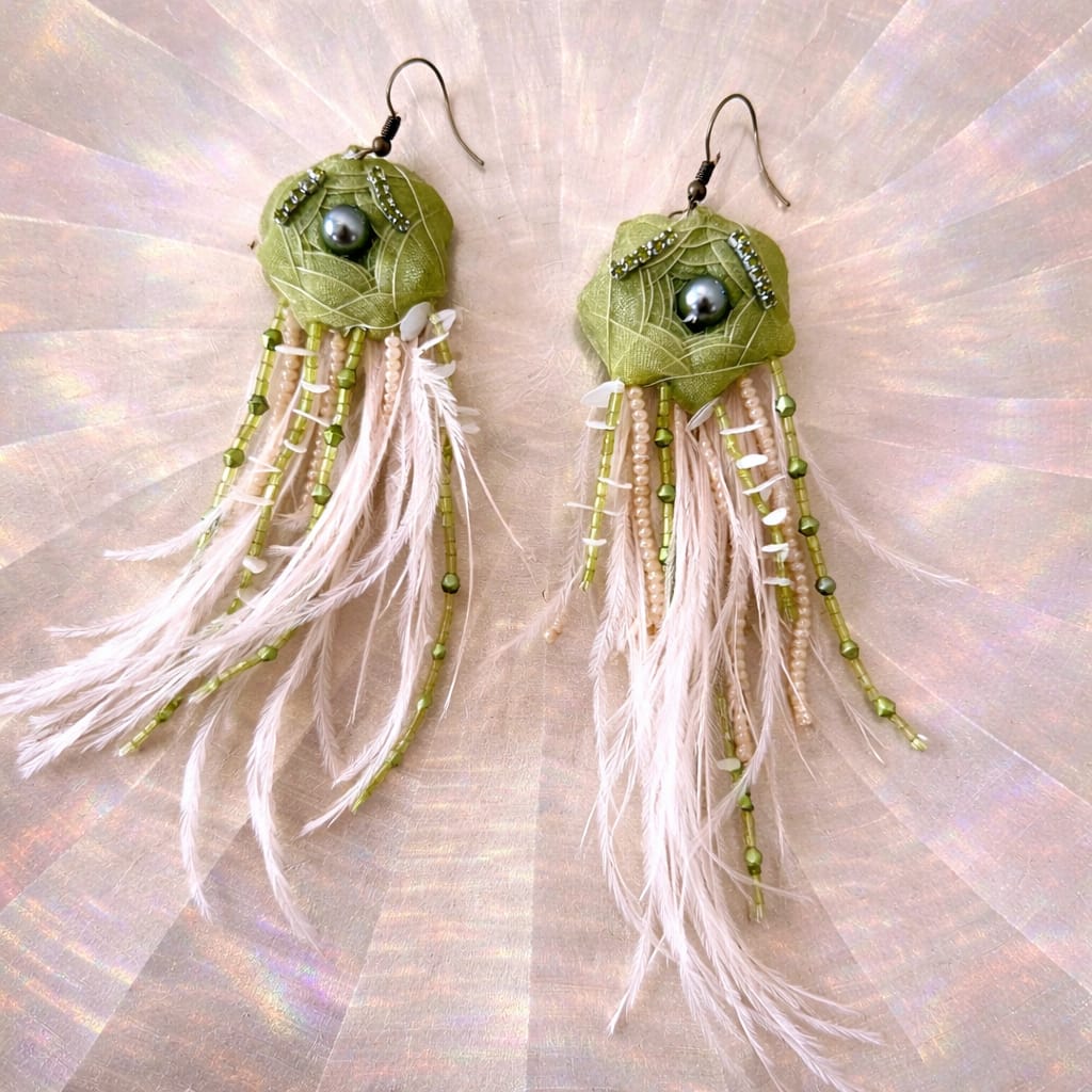 Green ribbon craft earrings- luxury beaded art