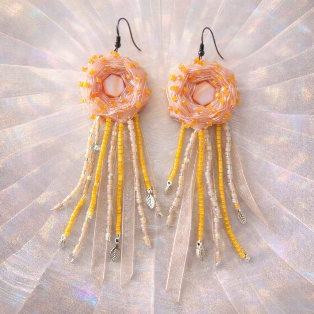 Orange sunflower ribbon craft earrings