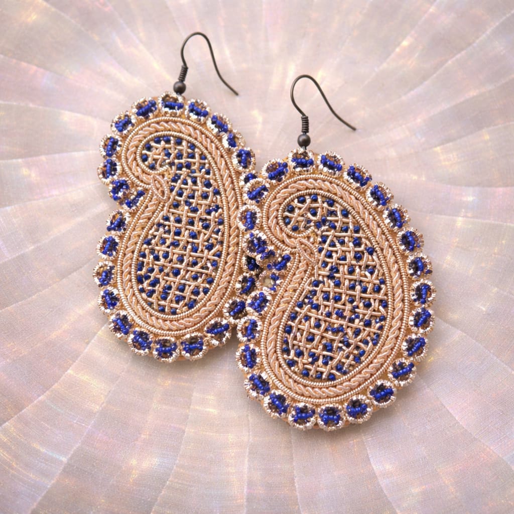 Paisley (Boteh Jegheh) Earrings –  Blue beads & Gold broidery