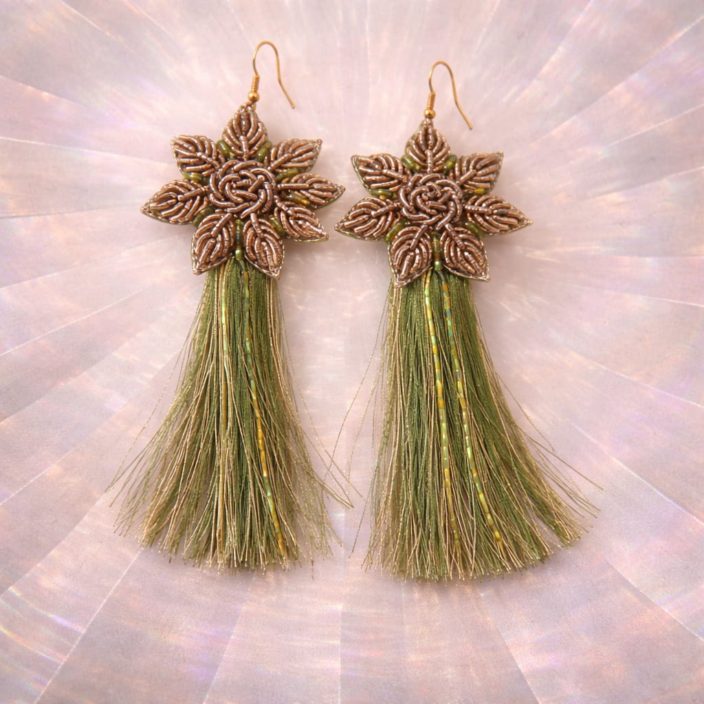 Earrings with Green Silk Thread and Antique Gold Sermeh