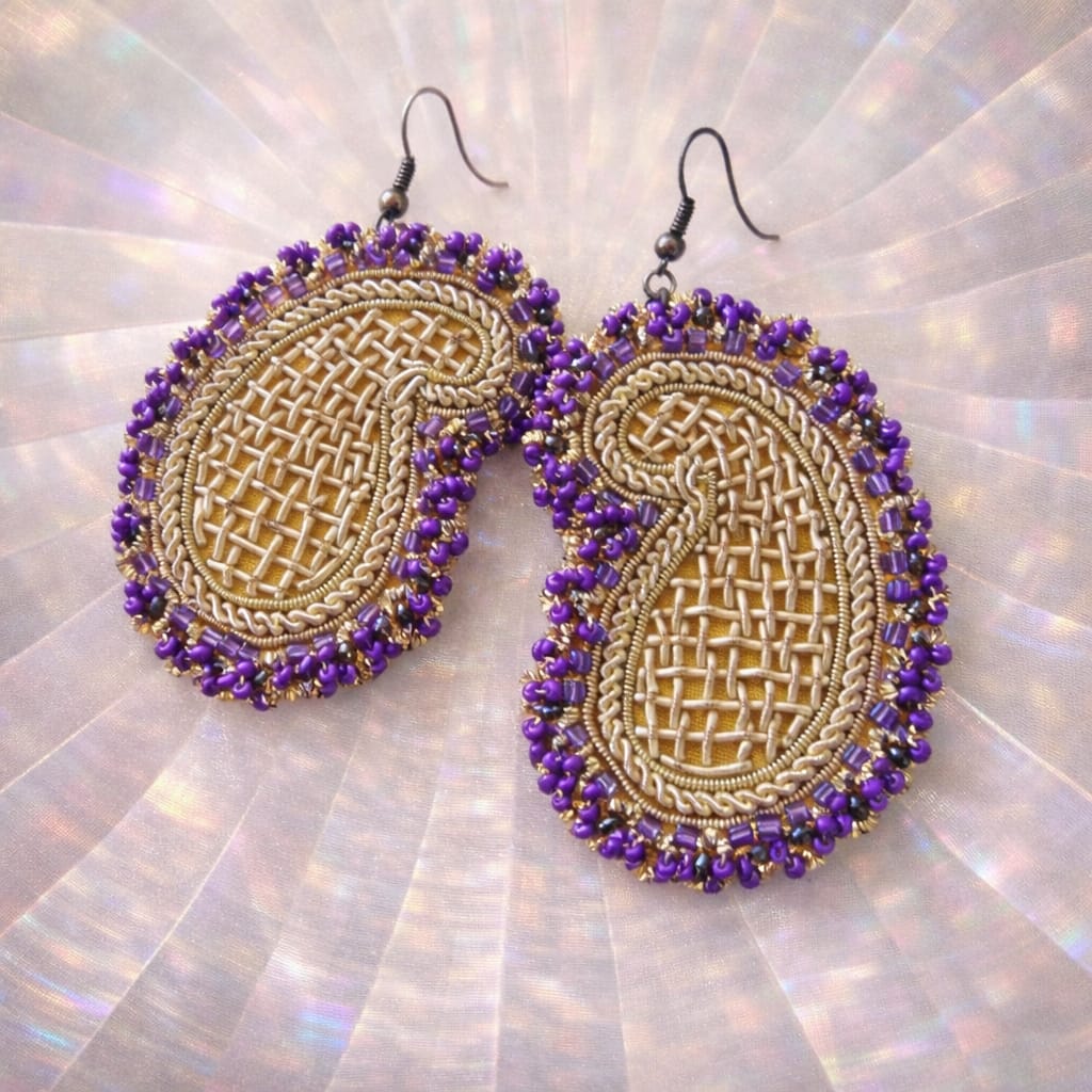 Paisley (Boteh Jegheh) Earrings –  Violet beads & Gold broidery